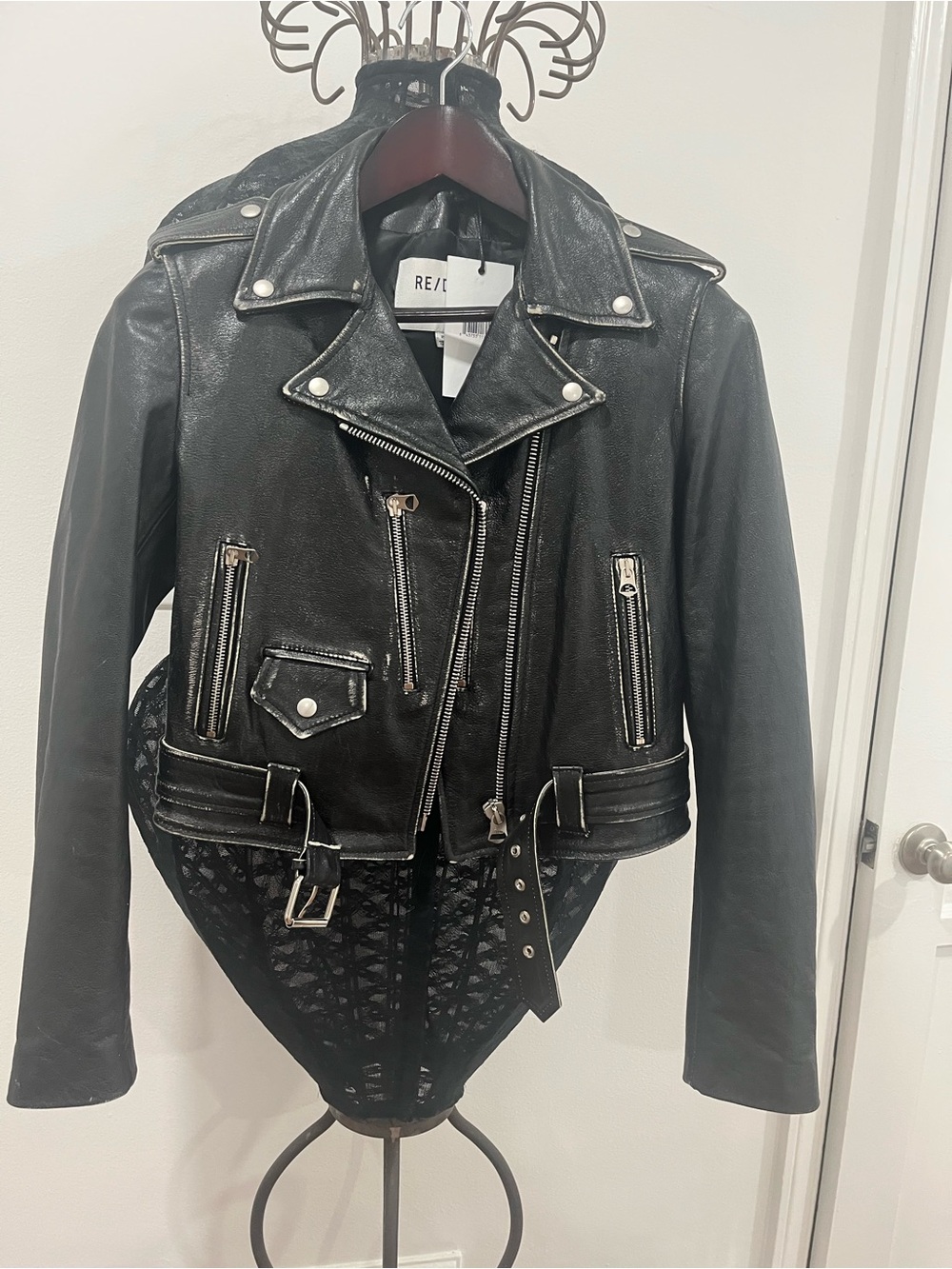 Re/Done Black Leather Moto Jacket with Silver Hardware